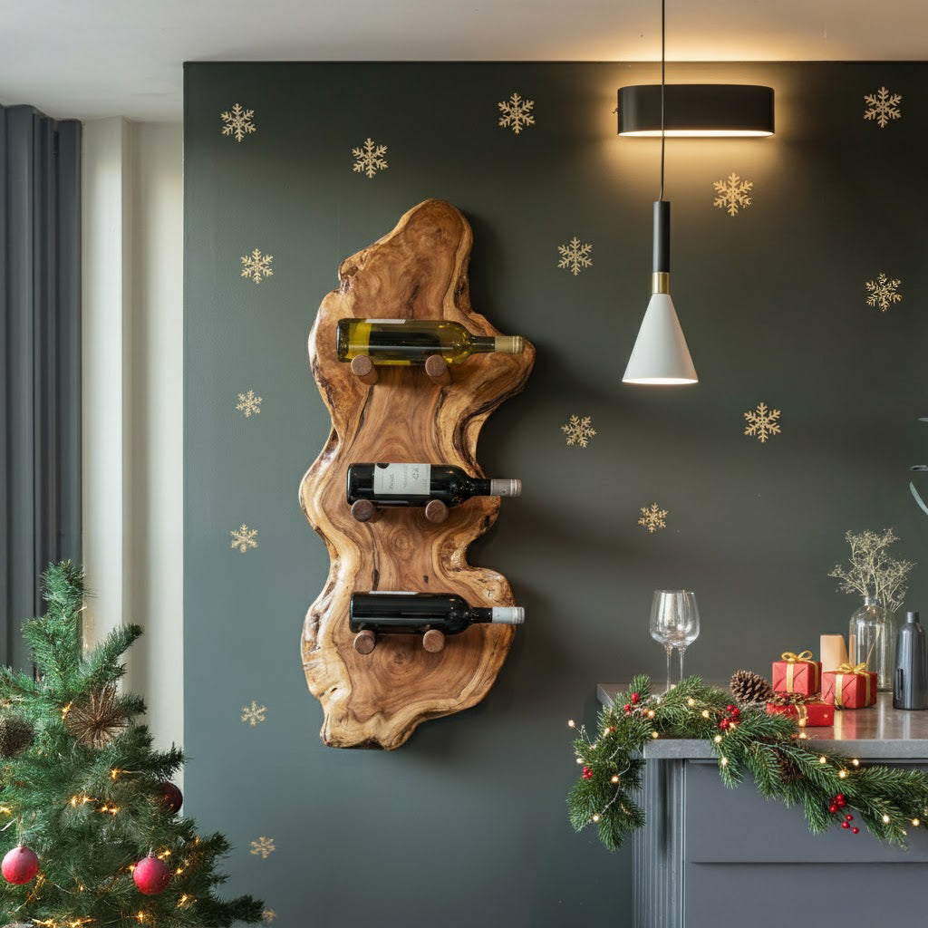 Christmas Live Edge Wine Rack – Rustic Wall Mounted Solid Wood Holder