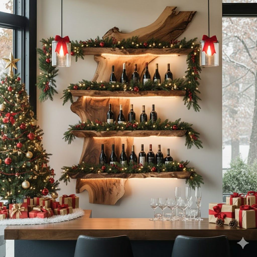 Christmas Handmade Live Edge Wood Wine Rack – Wall Mounted Rustic Shelf