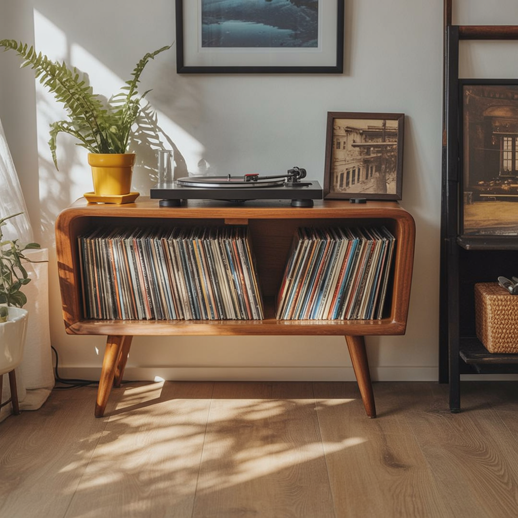 Media Cabinet – Record Player Stand with Vinyl Storage, Turntable Console Table & Display Shelf Organizer