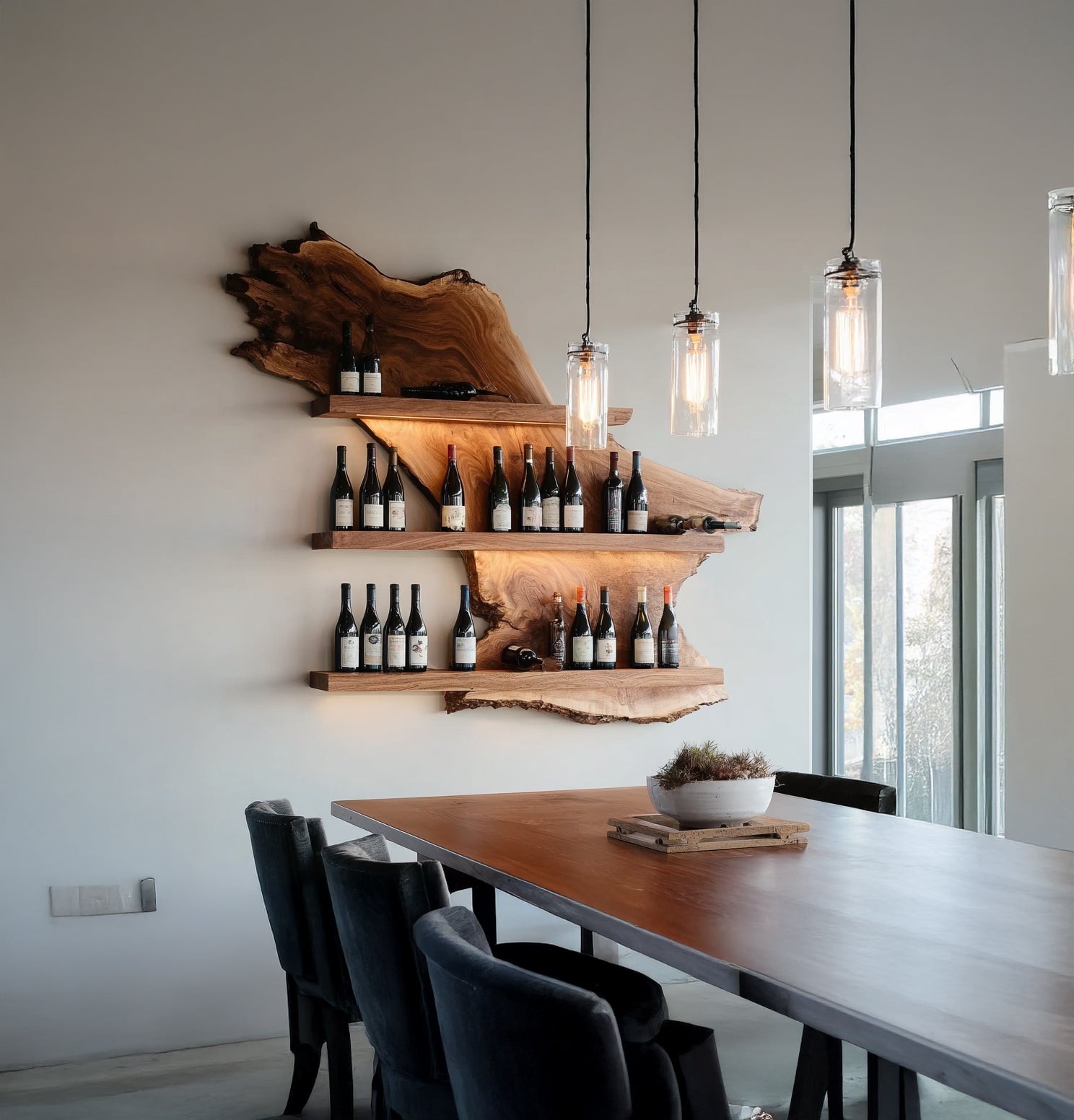 Live Edge Wooden Wine Rack Shelf – Handmade Solid Wood Wall Mounted Display