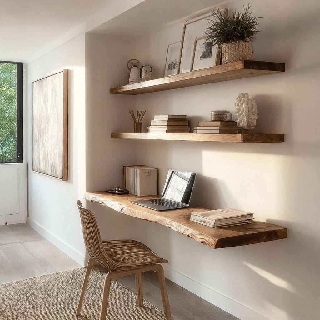 Handmade Live Edge Floating Desk – Rustic Wall Shelf Office Setup