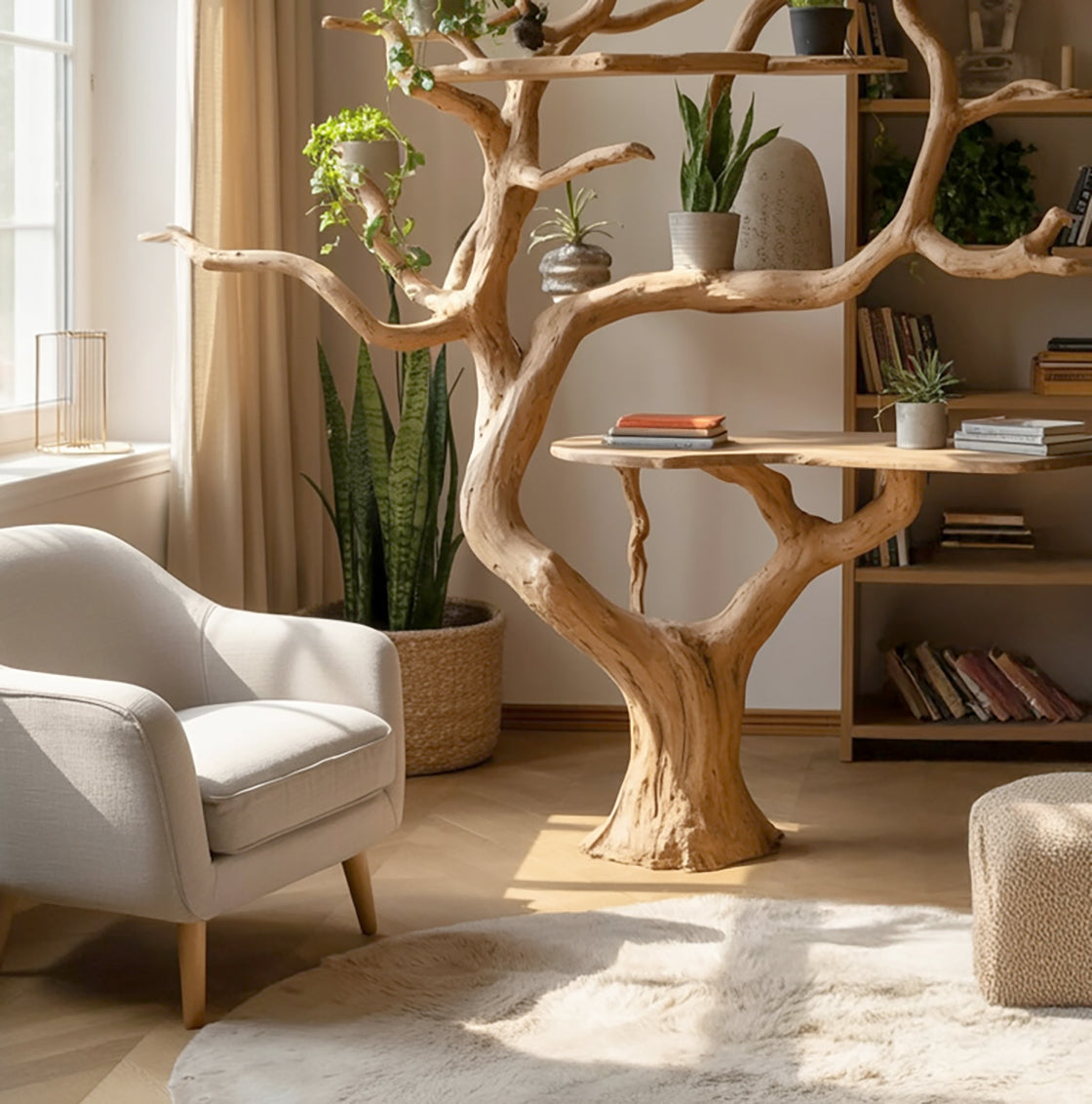 Handcrafted Tree Desk Bookshelf – Natural Wood Branch Furniture for Home Decor