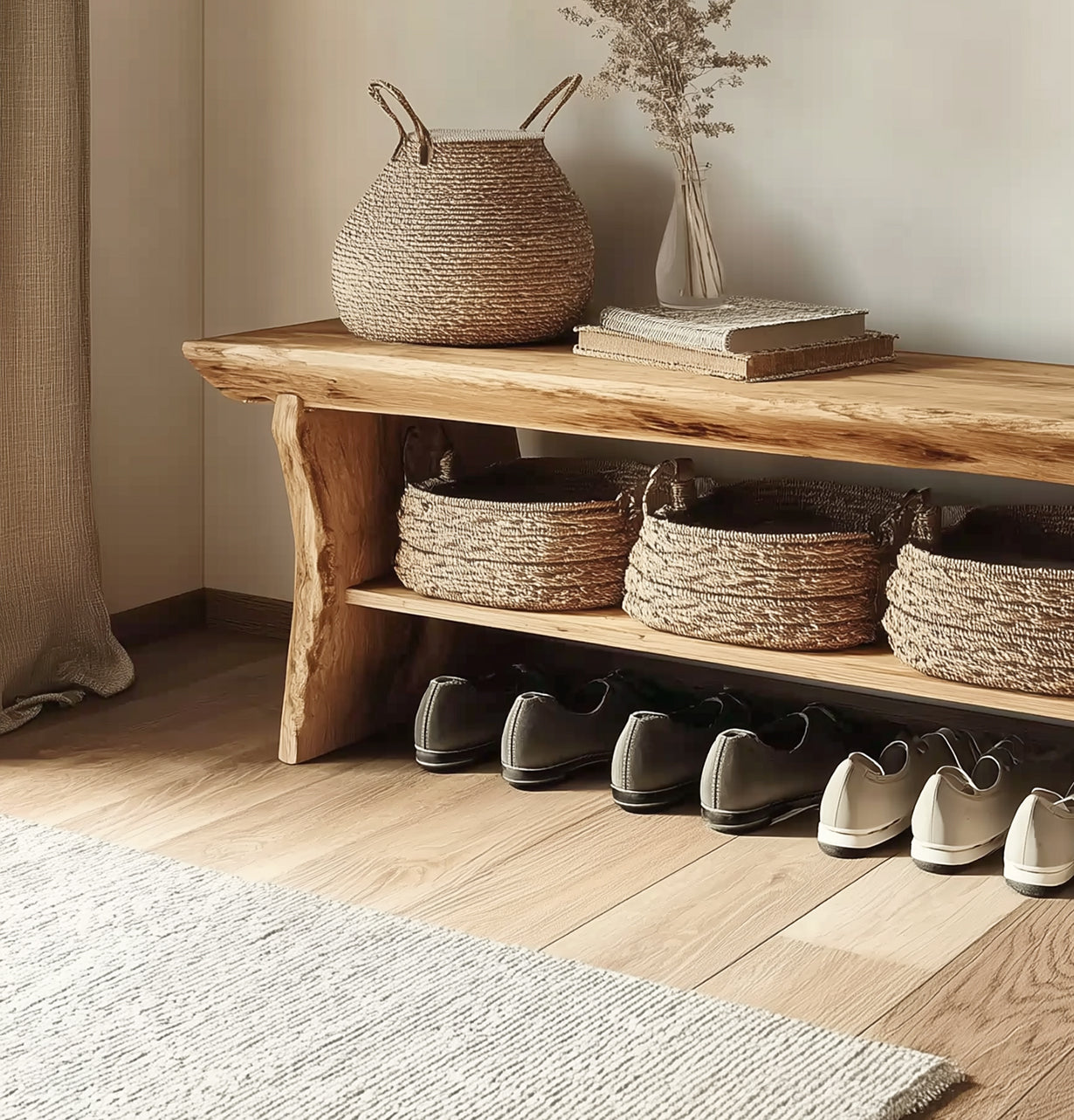 Live Edge Wooden Entryway Bench – Solid Wood Hallway Bench with Shelf