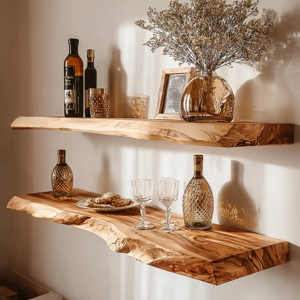 Handcrafted Live Edge Floating Bar Shelf – Rustic Solid Wood Wall Shelf