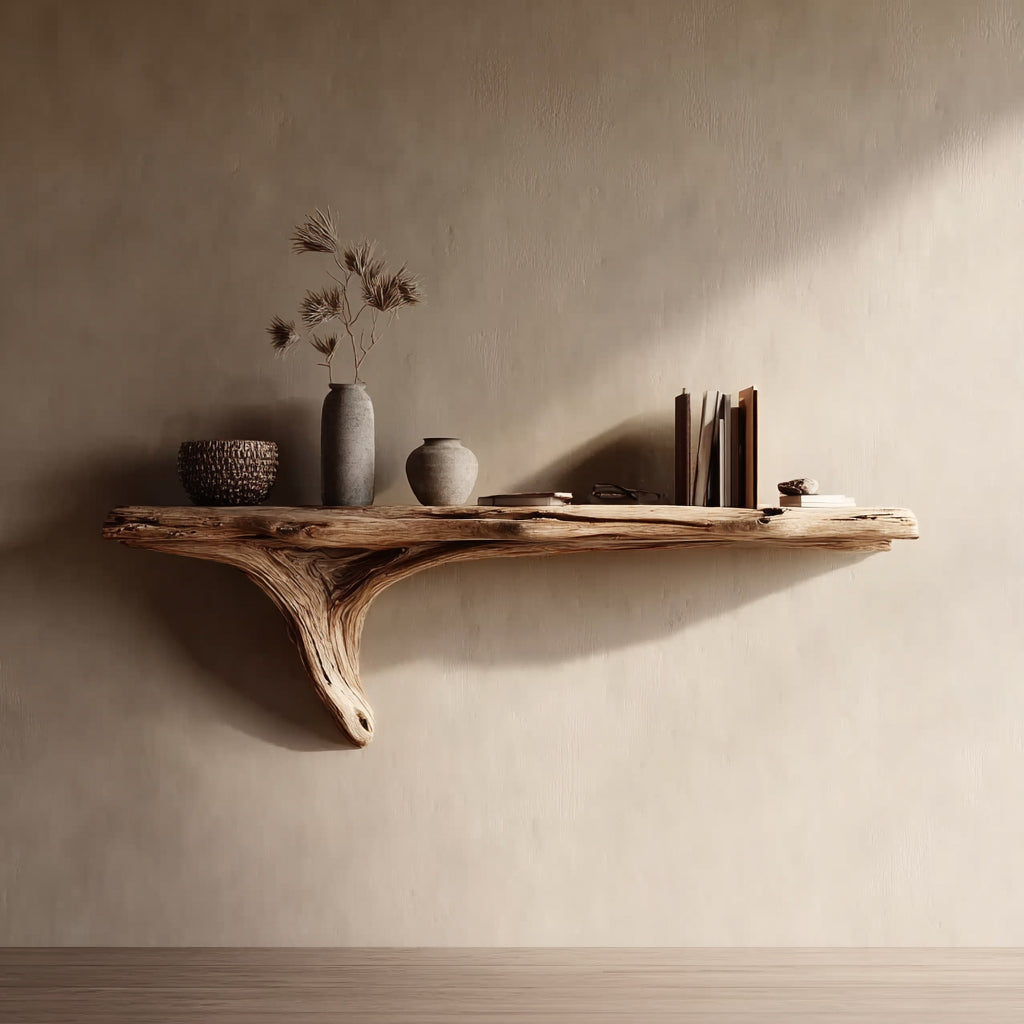 Étagère Flottante Fait Main en Bois à Bord Naturel pour Salon