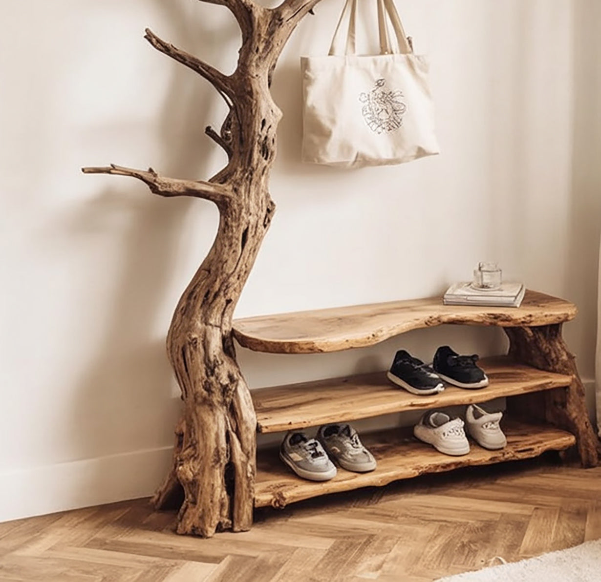 Porte-Manteau Mural en Branche de Bois Flotté – Crochets en Bois Massif