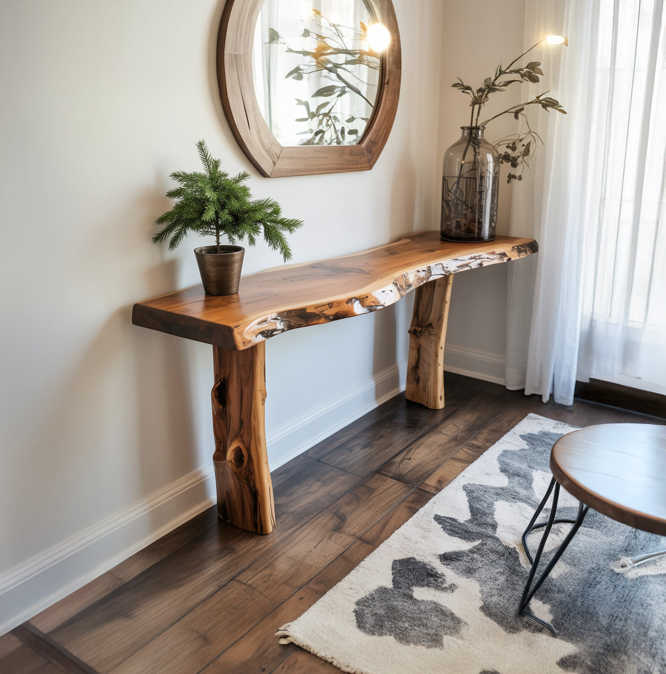 Console en bois massif faite main – Design arbre rustique pour entrée