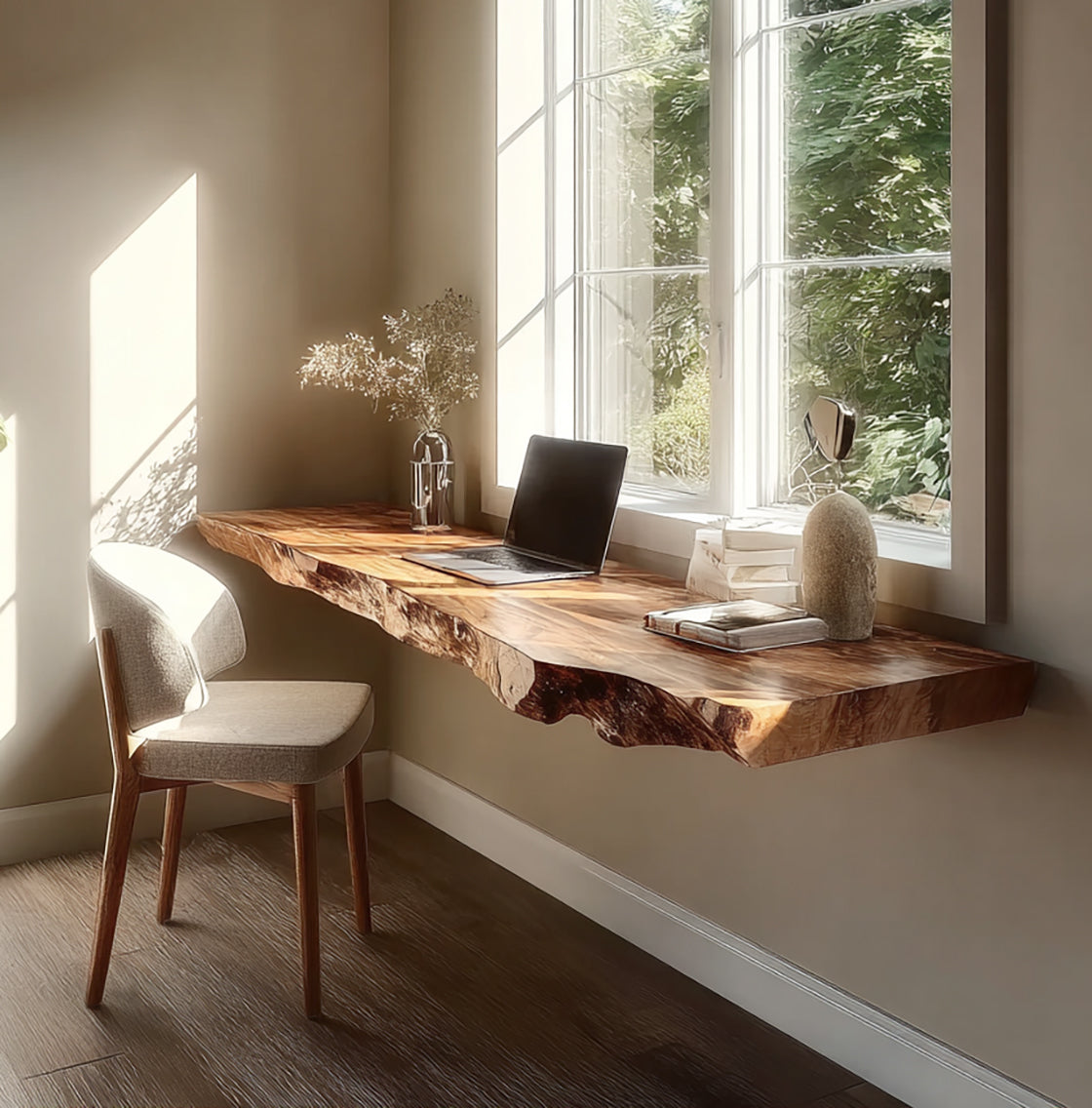 Floating Live Edge Desk – Wall Mounted Solid Wood Desk, Rustic Modern Home Office Table