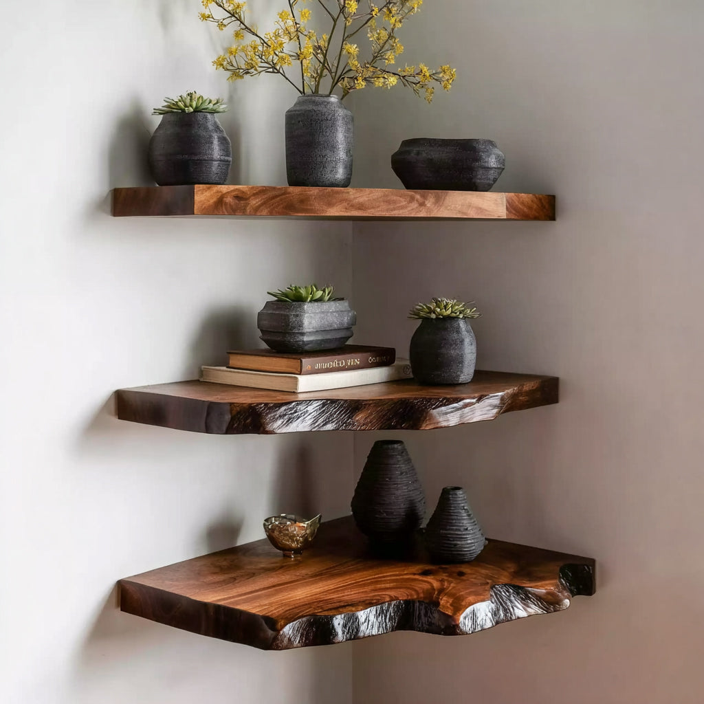 Étagère d’Angle Murale en Bois Massif – Live Edge Rustique