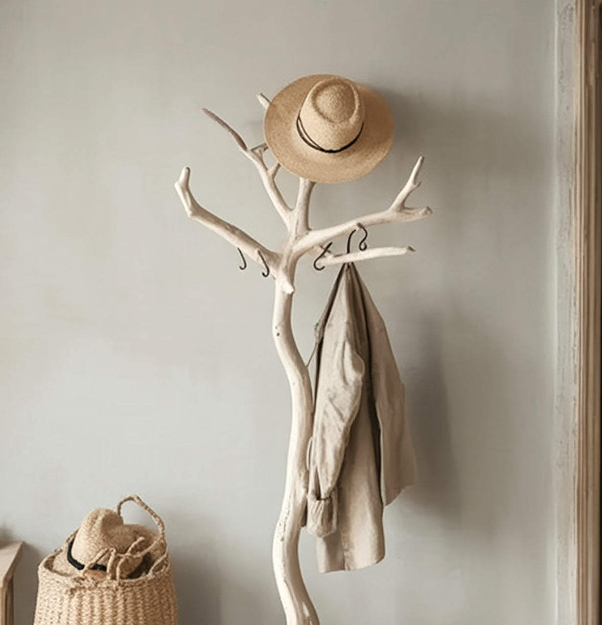 Solid Wood Coat Rack – Rustic Standing Clothes Hanger, Handmade Entryway Organizer