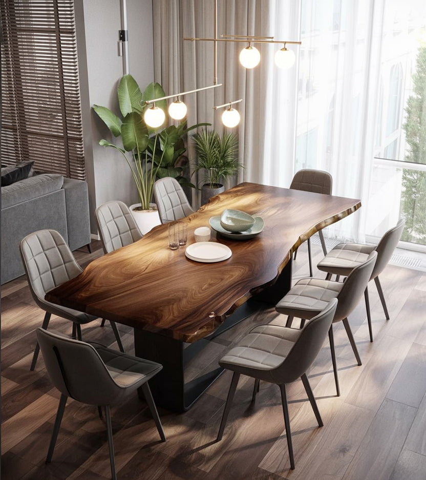 Live Edge Solid Wood Dining Table – Natural Slab Handmade Table with Modern Metal Base