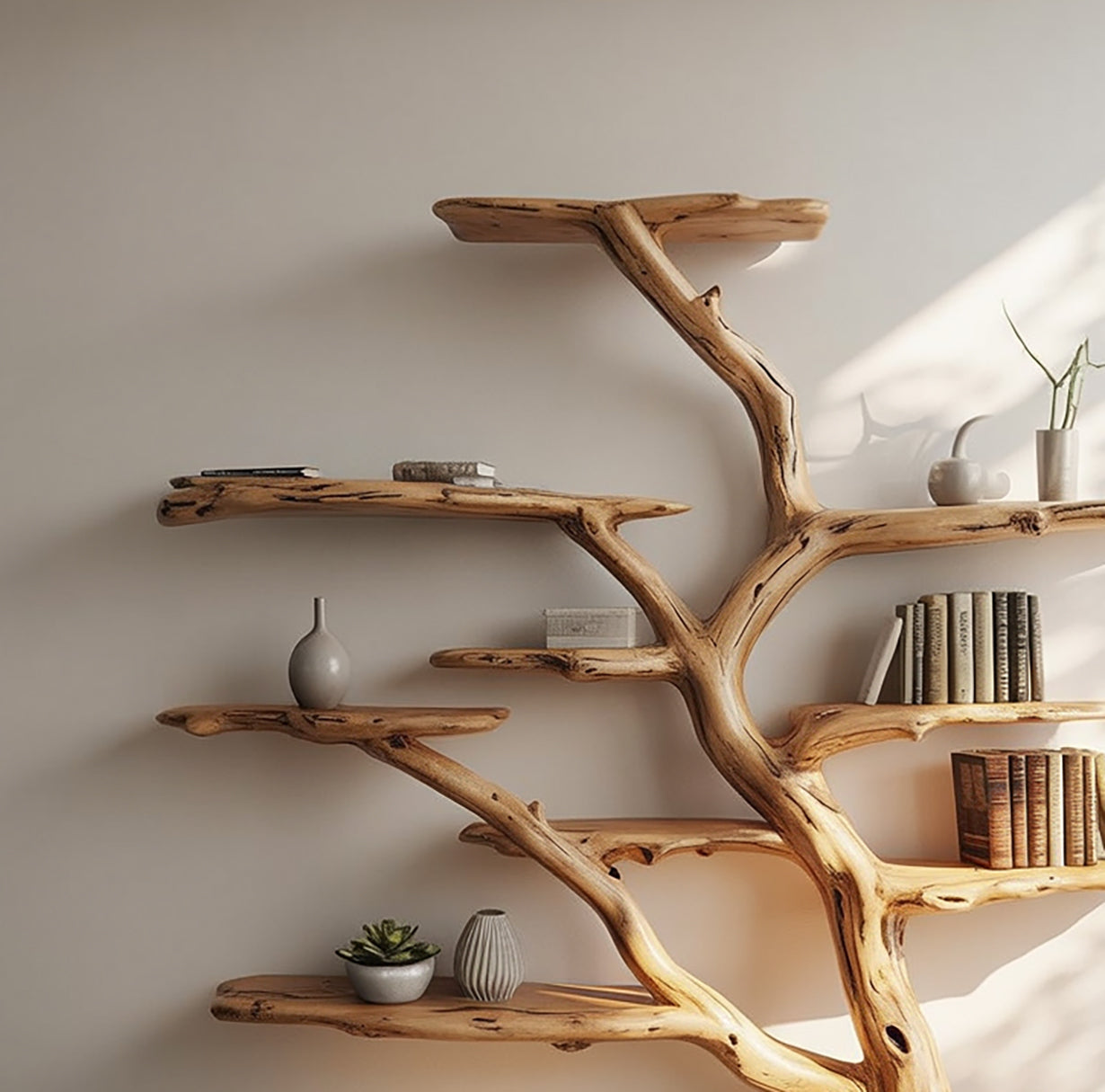 Étagère Arbre Artisanale – Bois Massif Live Edge, Décor Mural Rustique