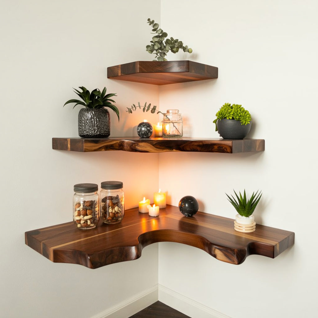 Étagère d’Angle en Noyer Massif – Bord Naturel Design