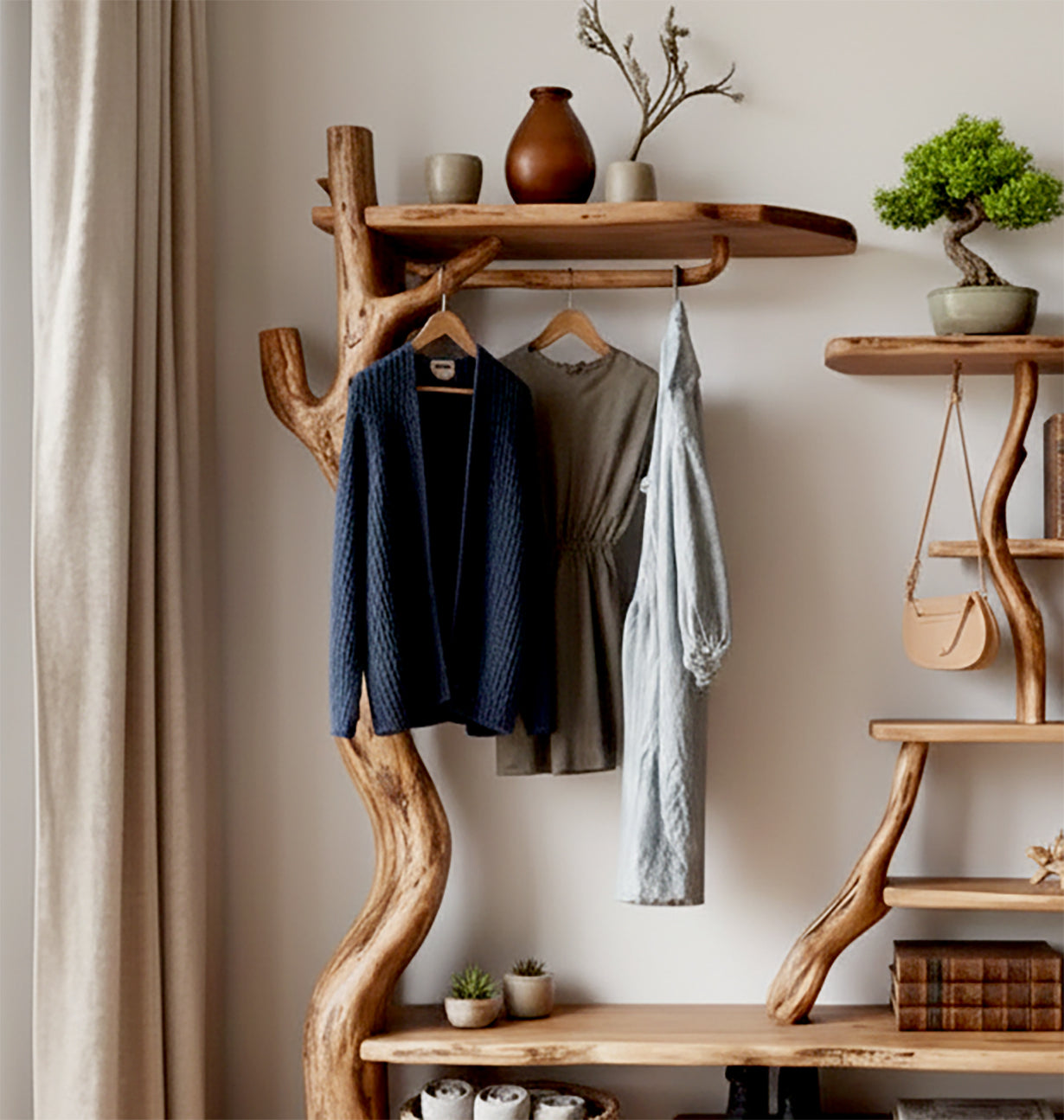 Porte-manteau mural en bois flotté – Branche d’arbre décorative avec étagère