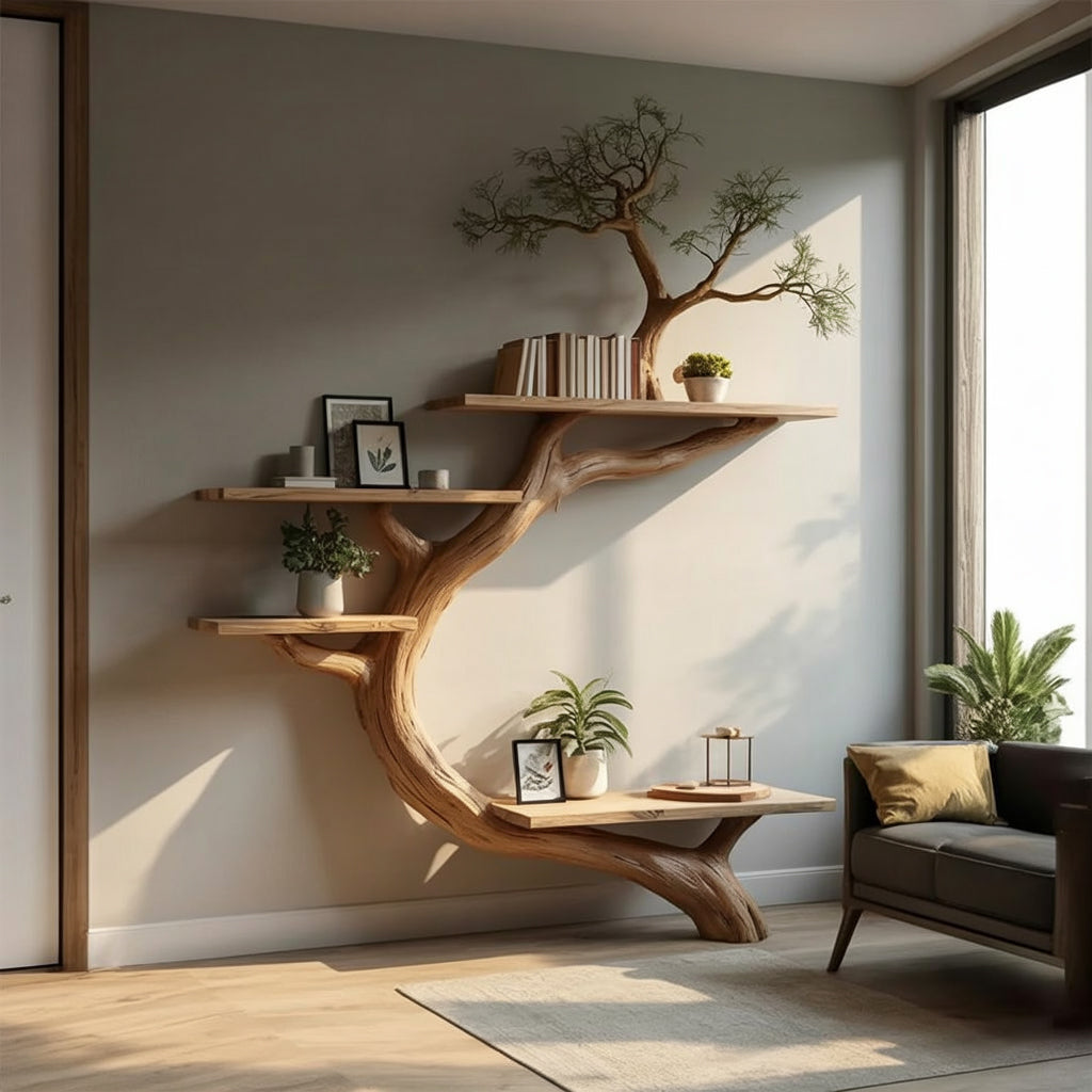 Bibliothèque Arbre Rustique – Étagère Murale Flottante Déco