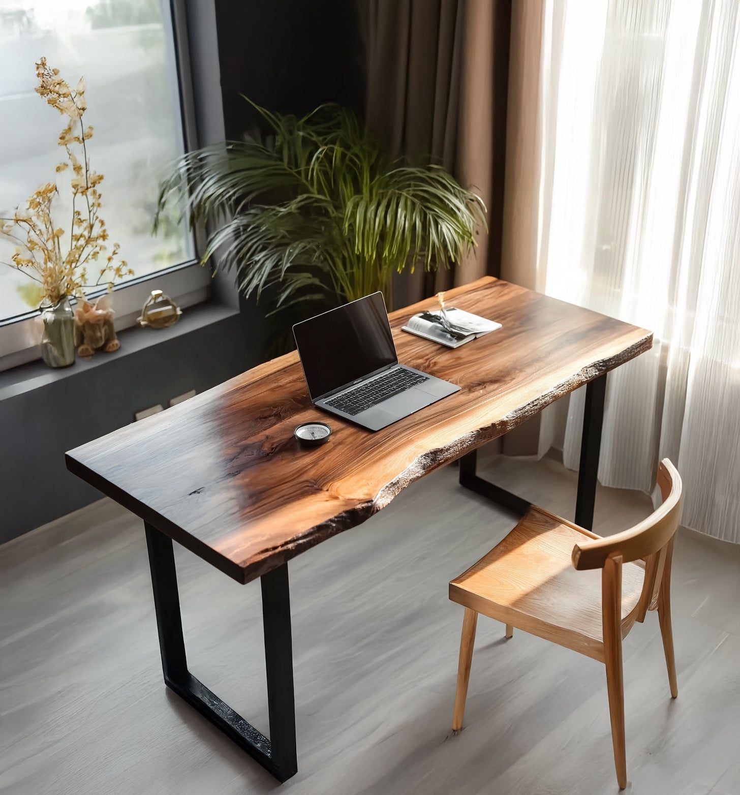 Live Edge Walnut Desk – Solid Wood Office Table with Metal Legs, Rustic Furniture
