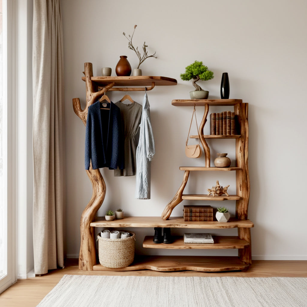 Porte-manteau mural en bois flotté – Branche d’arbre décorative avec étagère