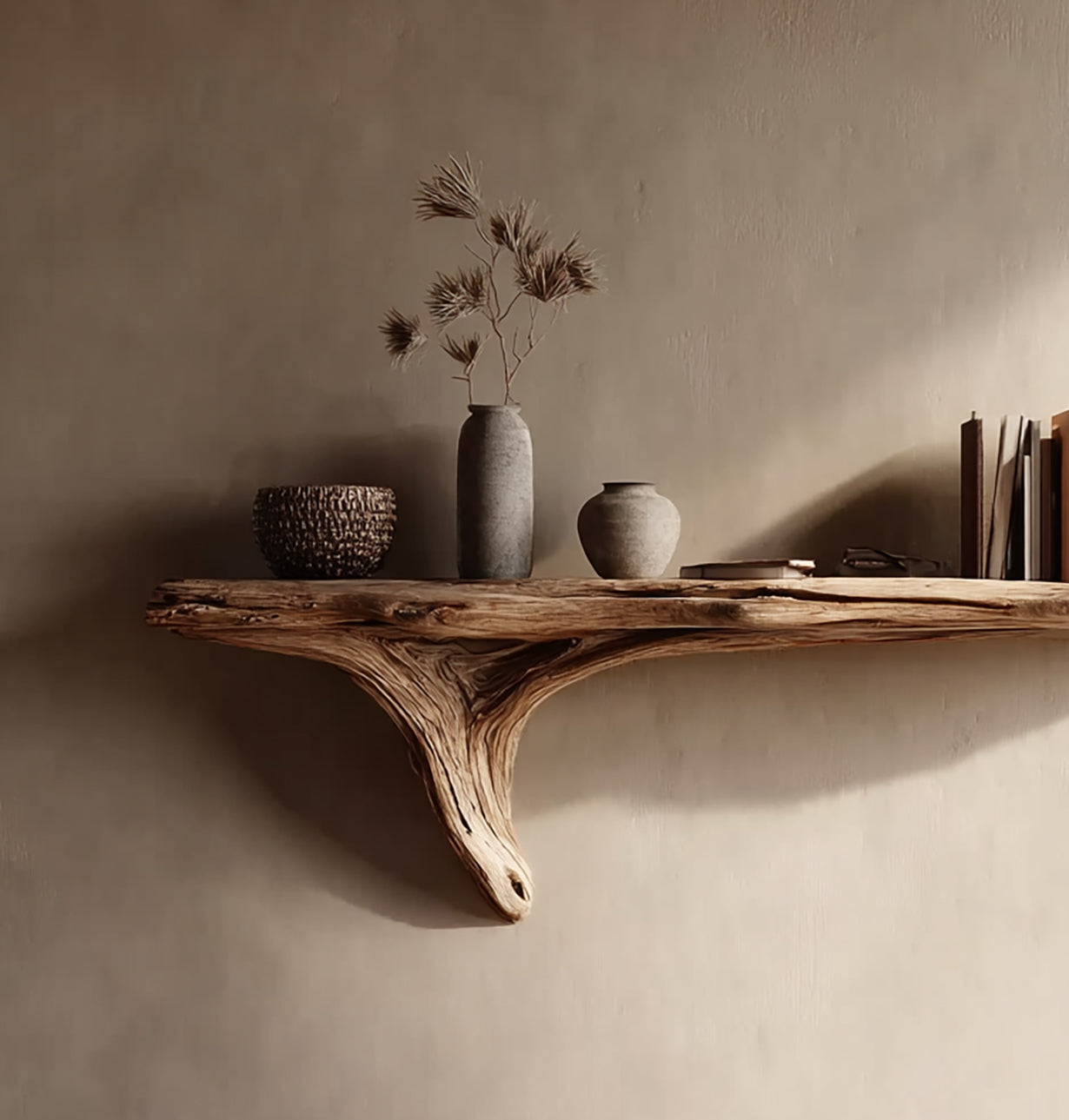 Étagère Flottante Fait Main en Bois à Bord Naturel pour Salon
