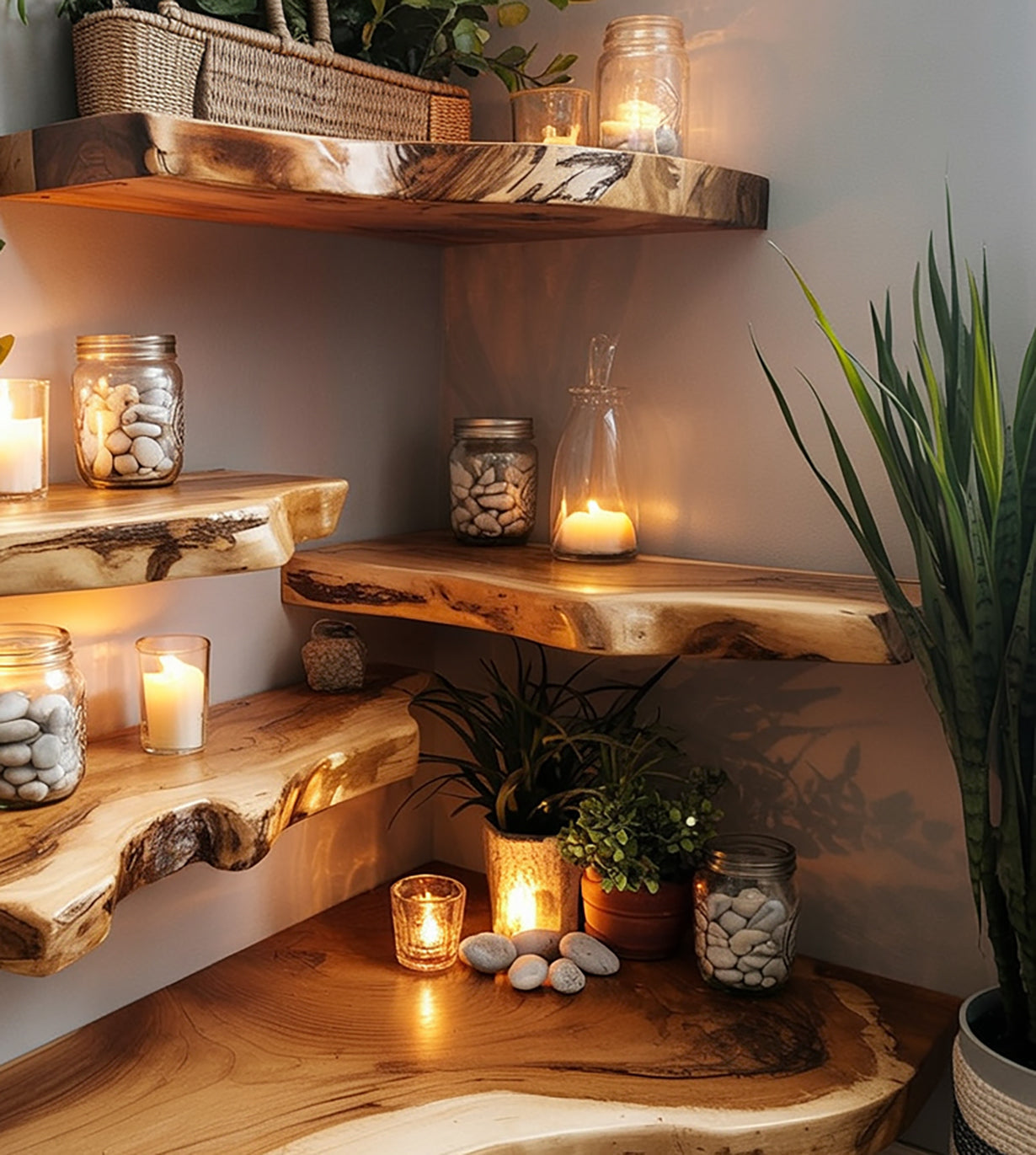Live Edge Solid Wood Corner Floating Shelf – Handcrafted Rustic Wall Shelf