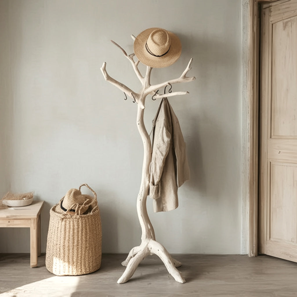 Solid Wood Coat Rack – Rustic Standing Clothes Hanger, Handmade Entryway Organizer