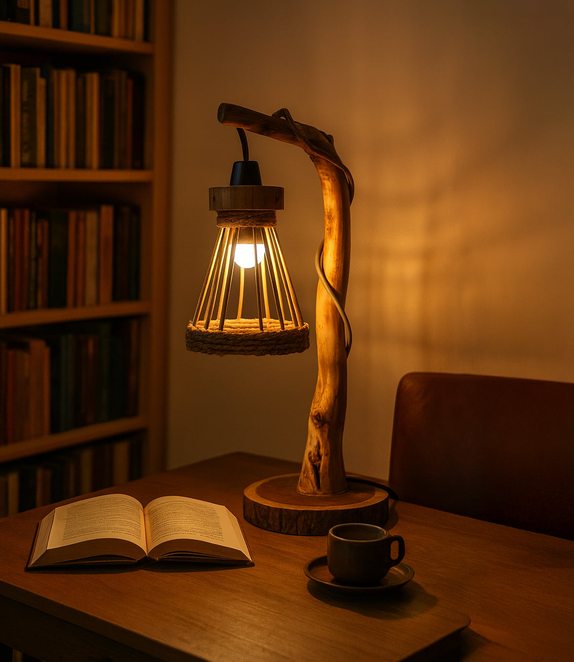 Rustic Driftwood Floor Lamp – Tree Branch Standing Light with Rattan Lampshade, Natural Wooden Lighting