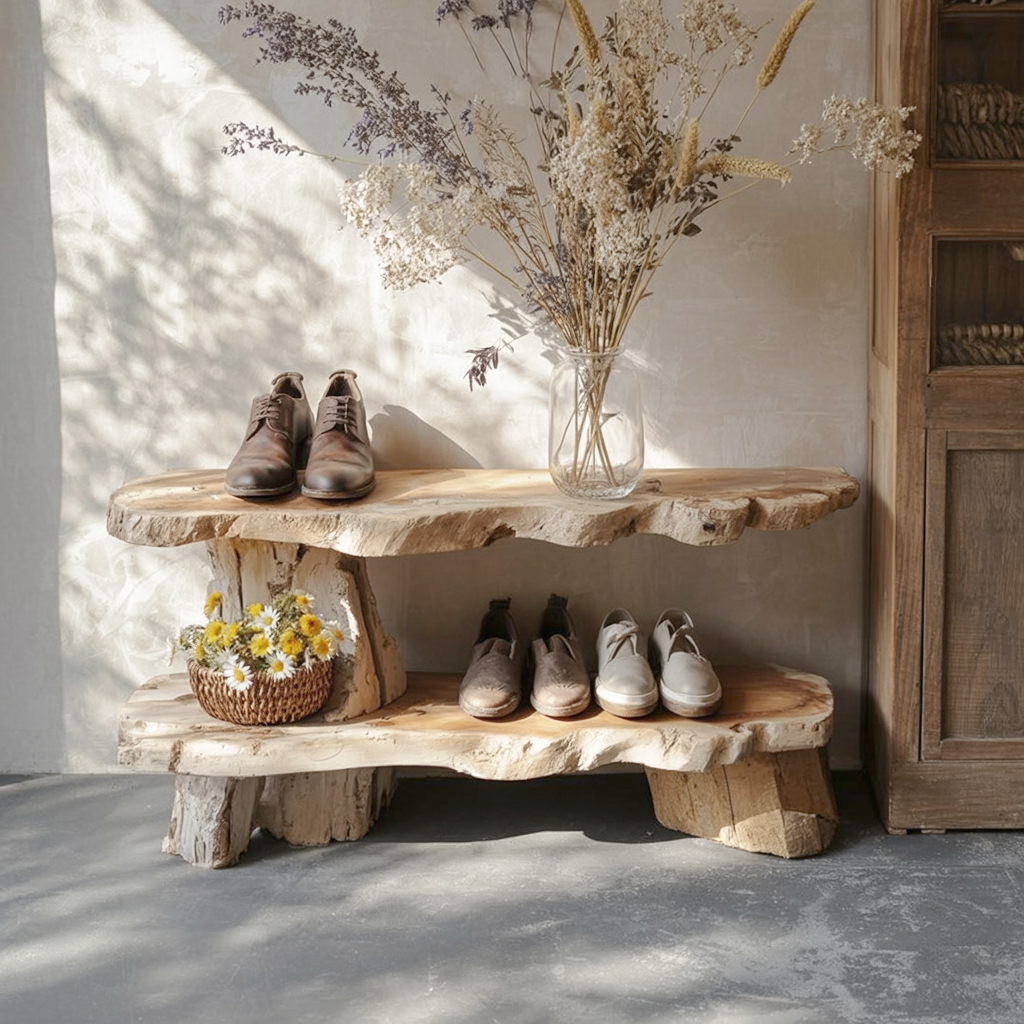 Rustic Oak Shoe Storage Bench – Solid Wood Hallway Organizer & Entryway Rack
