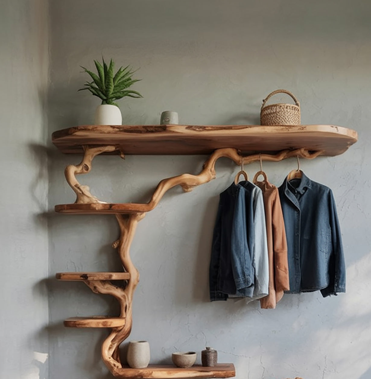 Porte-manteau mural en branche de bois flotté avec banc à chaussures
