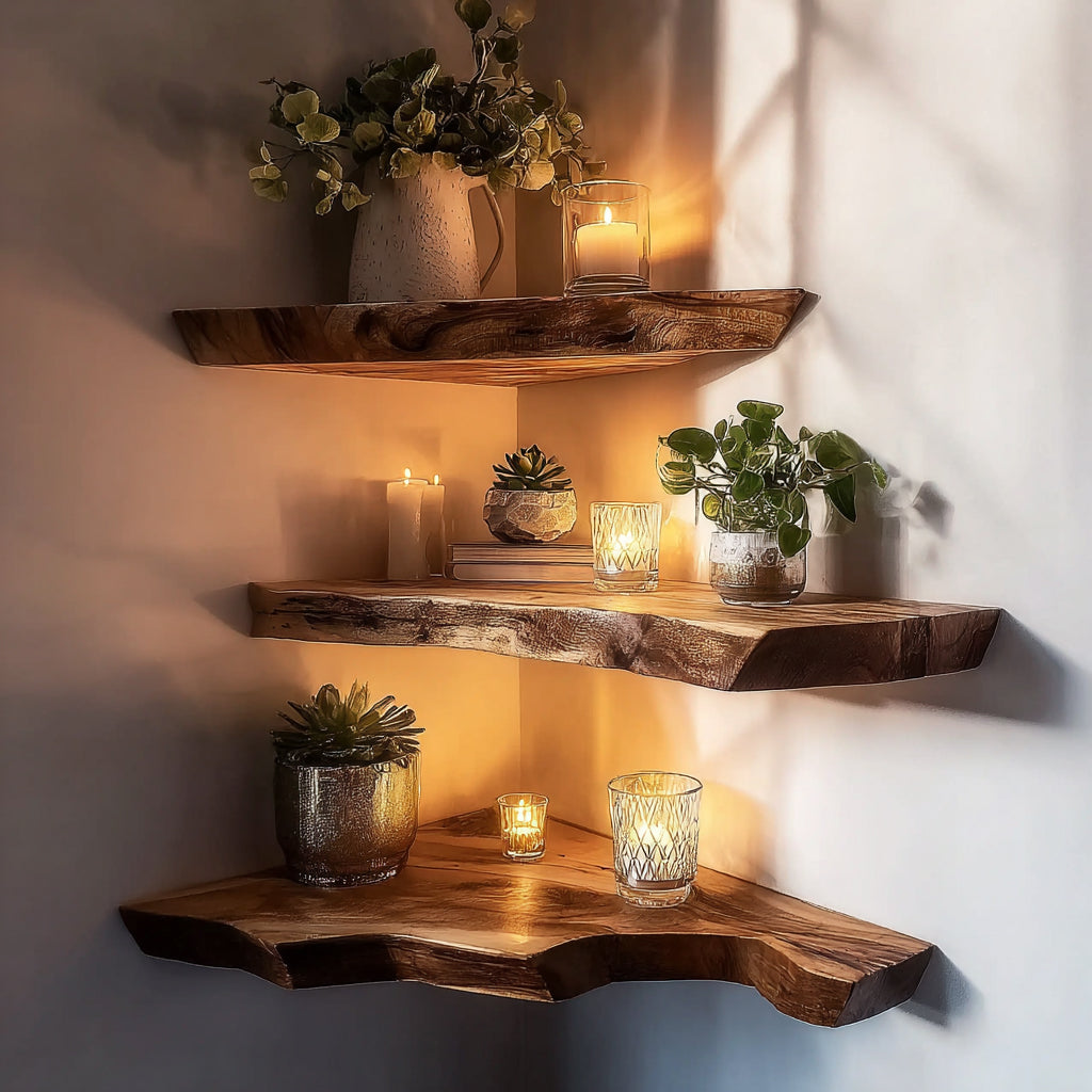 Live Edge Solid Wood Floating Corner Shelf – Handcrafted Driftwood Wall Shelf