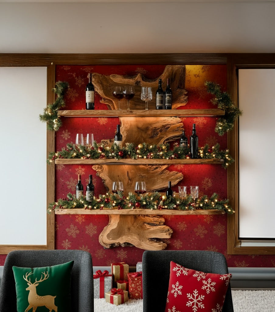 Christmas Live Edge Wall Bar Shelf – Rustic Solid Wood Floating Shelf