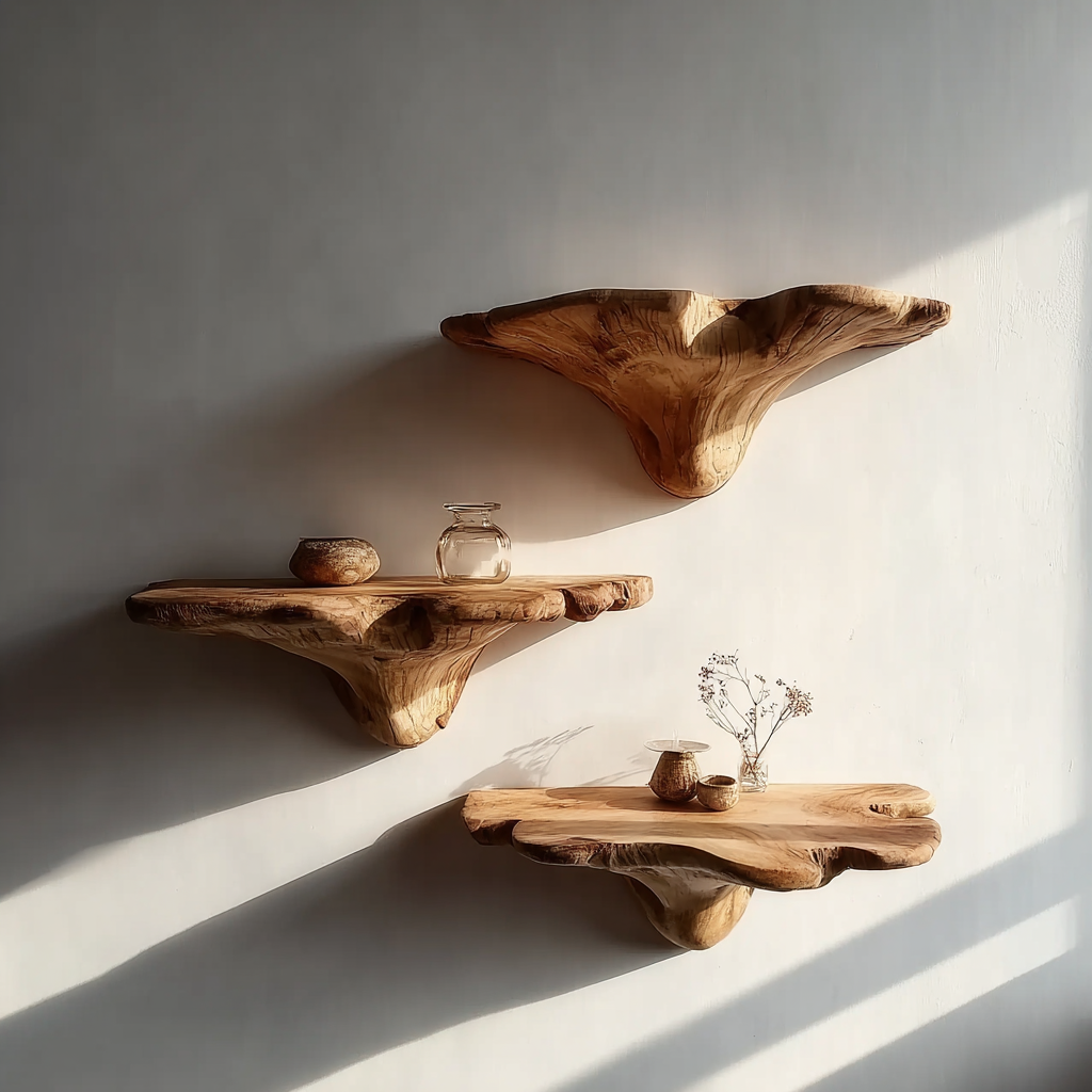 Solid Wood Floating Wall Shelf – Organic Sculptural Wooden Display Shelf