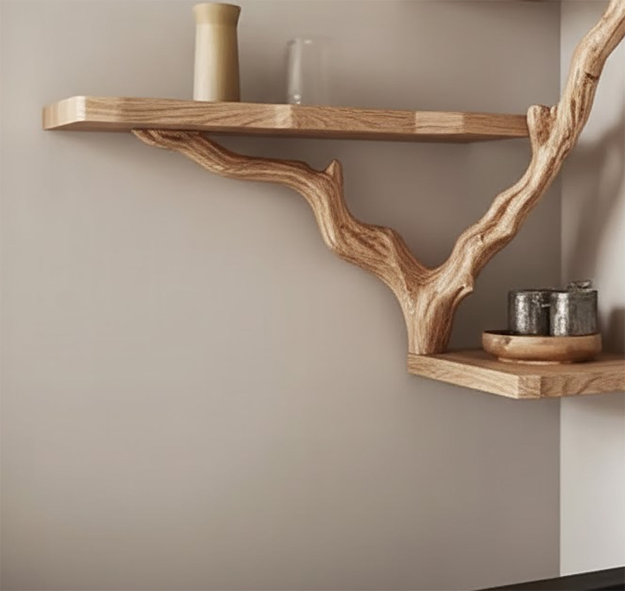 Étagère murale d’angle en branche d’arbre noire – Étagère flottante en bois flotté