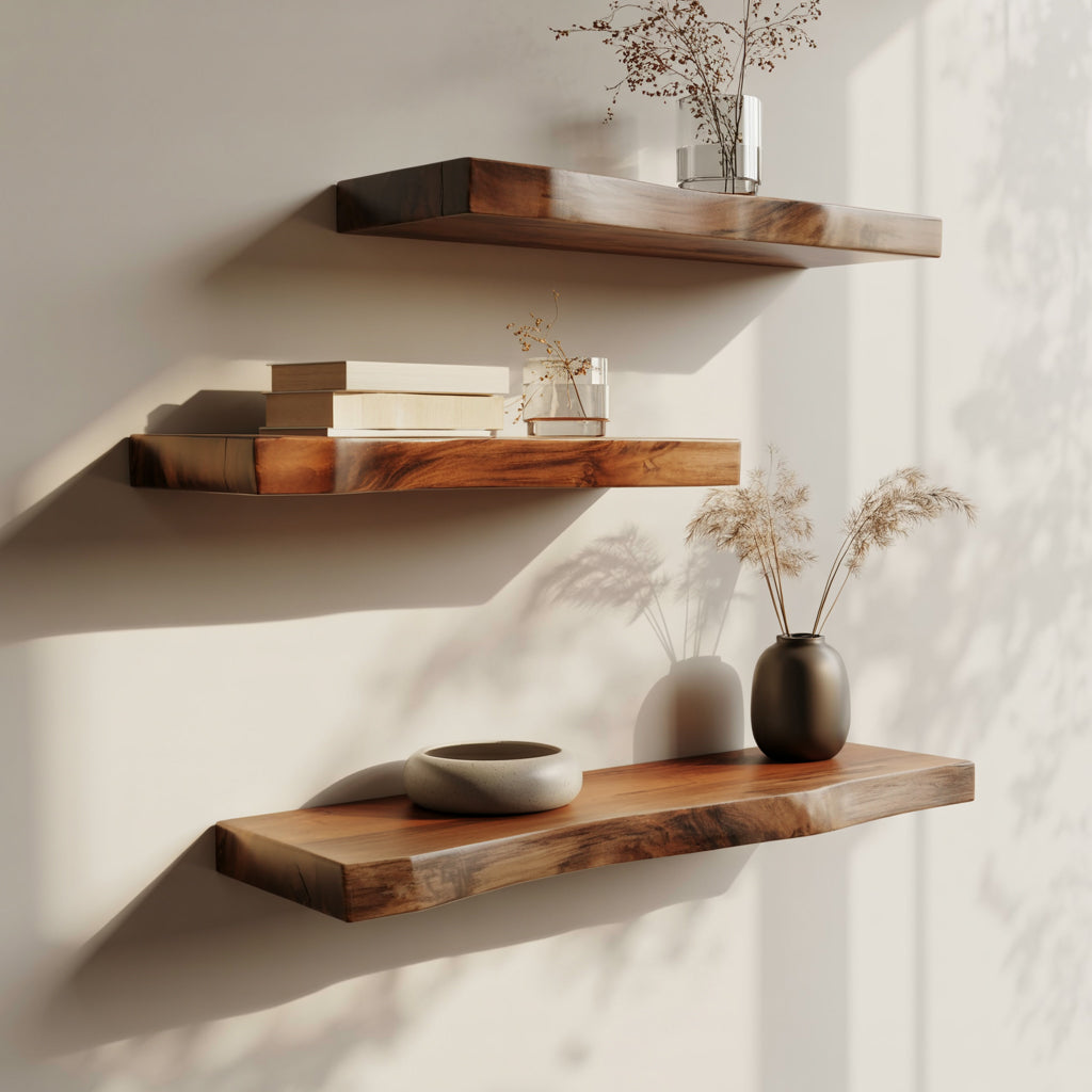 Étagère Murale Flottante Live Edge en Bois Massif Rustique
