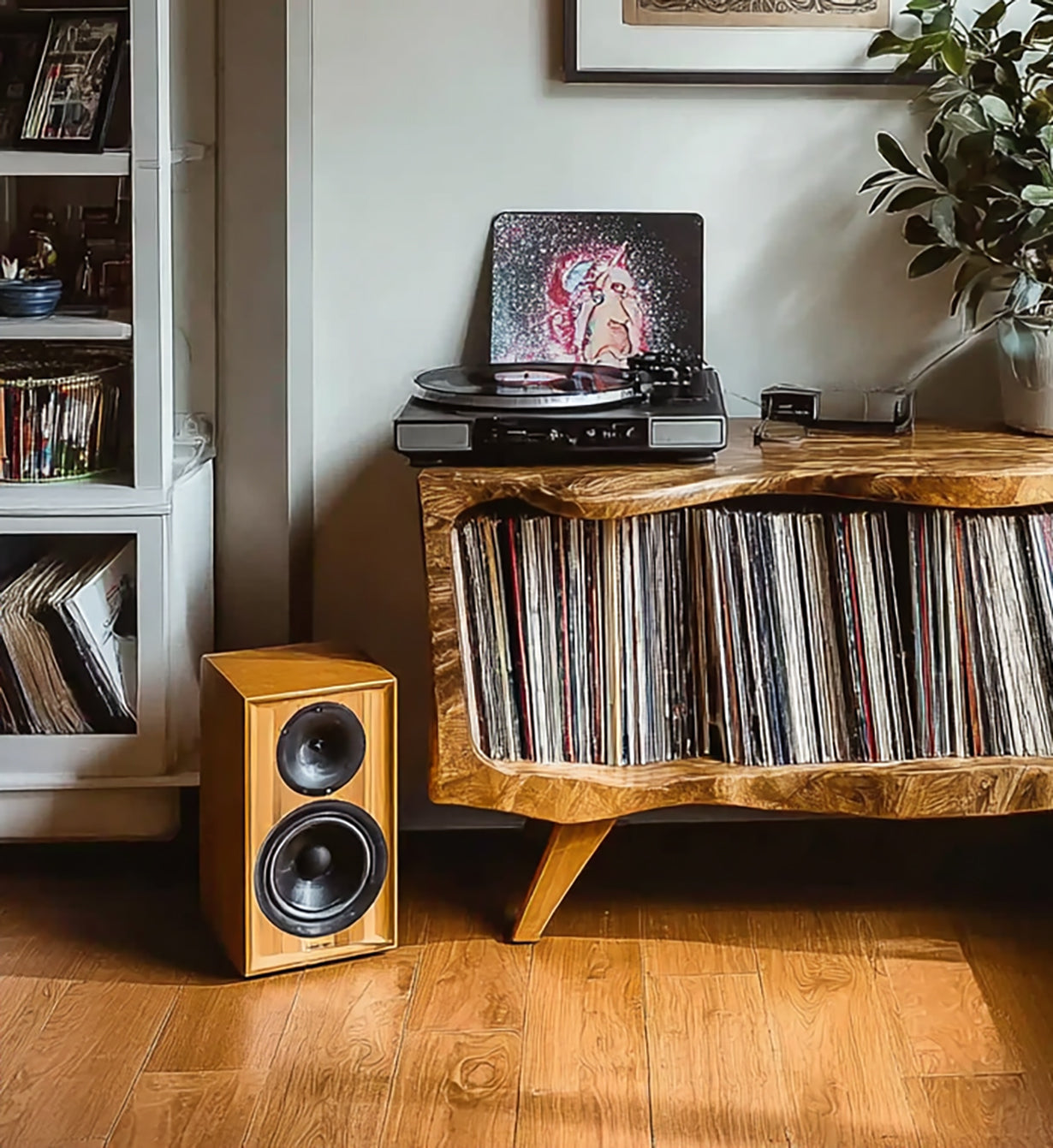 Handcrafted Wooden Record Player Stand – Natural Turntable Station with Storage