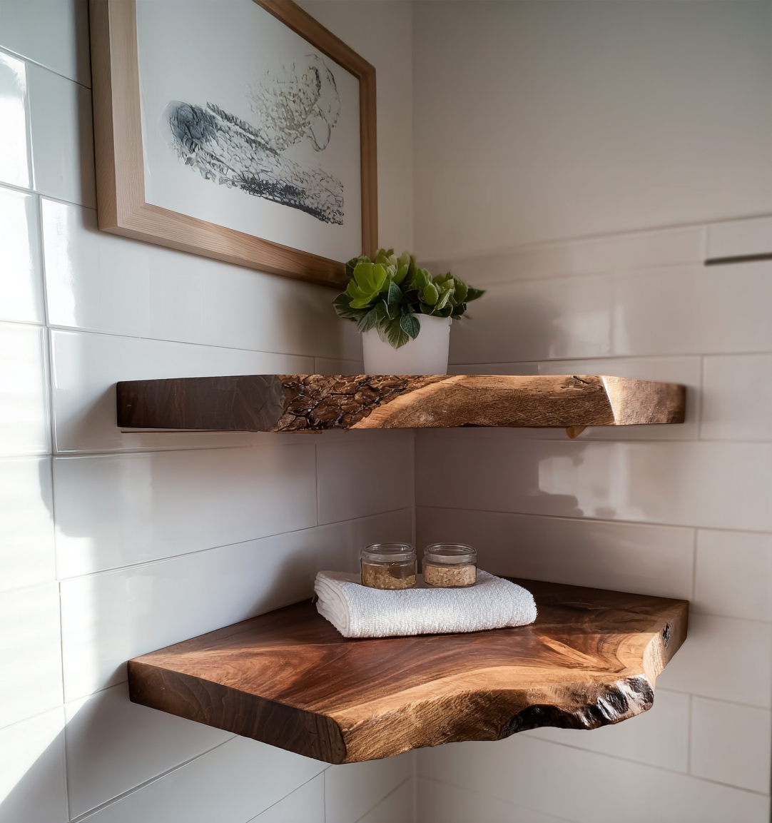 Corner Live Edge Wooden Floating Shelf – Rustic Walnut Christmas Décor & Gift