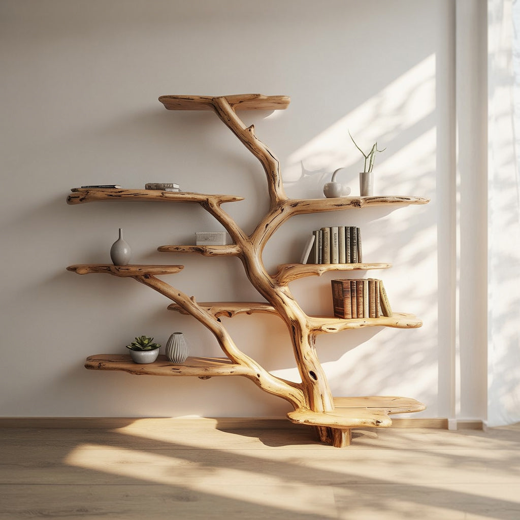 Étagère Arbre Artisanale – Bois Massif Live Edge, Décor Mural Rustique