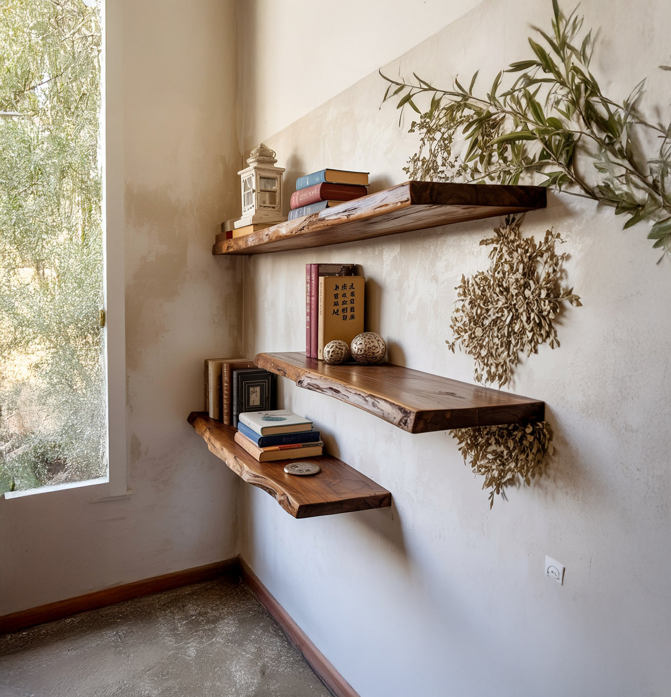 Étagère Flottante en Bois Massif à Bord Naturel – Déco Murale Rustique