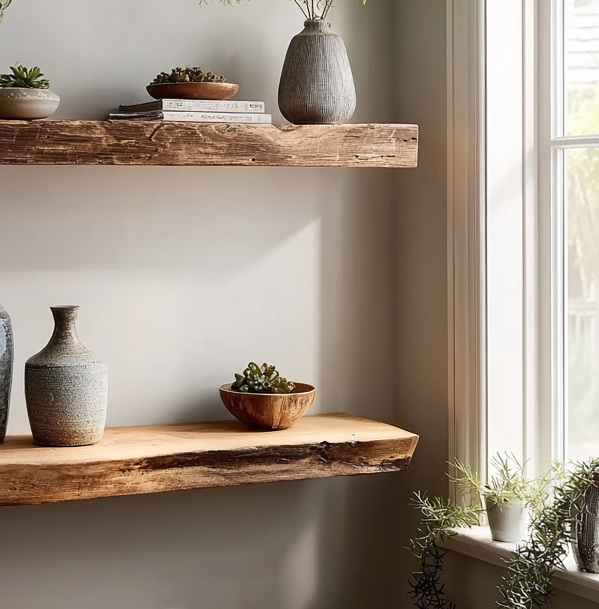 Étagère Murale Flottante Live Edge en Bois Massif Rustique