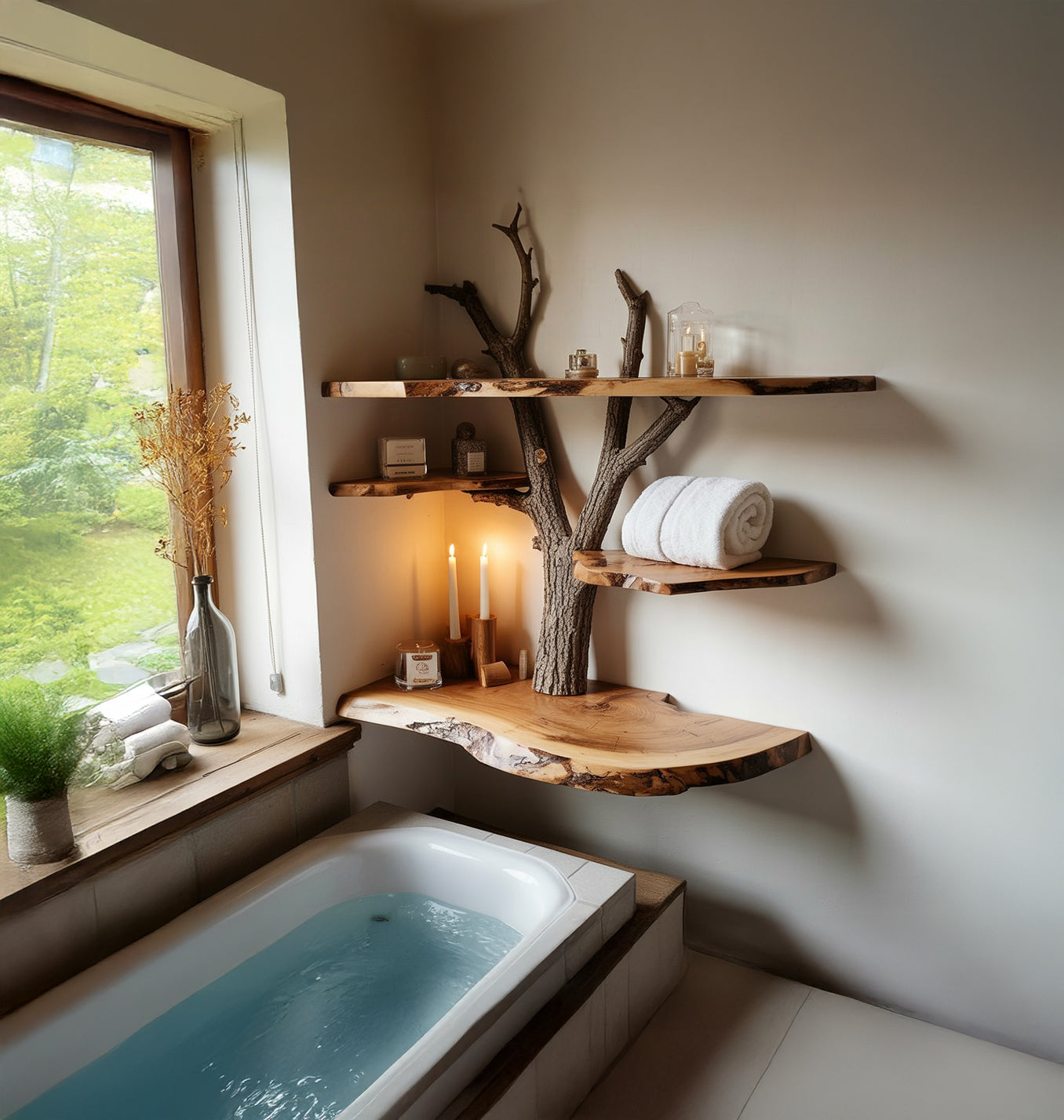Live Edge Tree Branch Corner Shelf – Handcrafted Solid Wood Floating Shelf