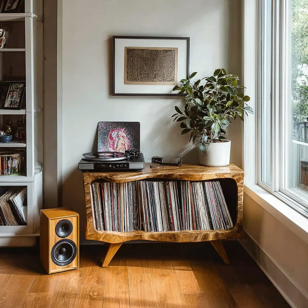 Handcrafted Wooden Record Player Stand – Natural Turntable Station with Storage