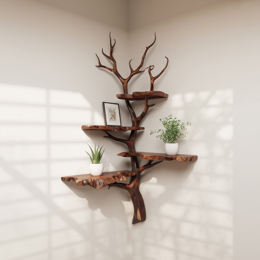 Étagère d’Angle Live Edge en Bois Flotté Murale Rustique