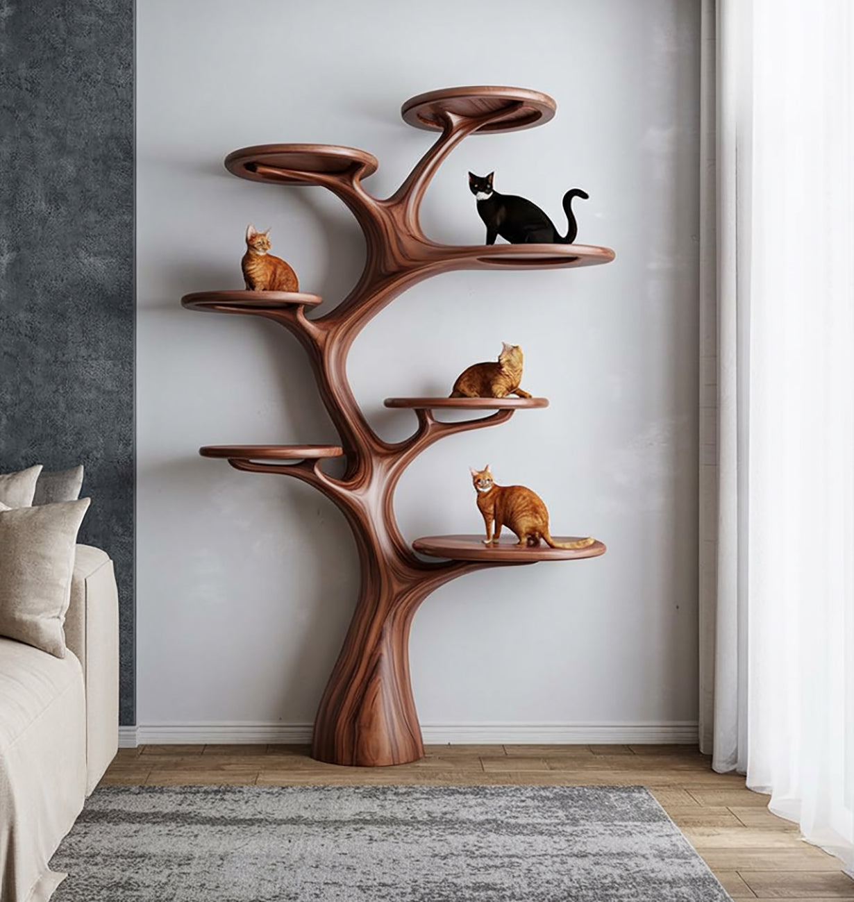Arbre à Chat Artistique & Bibliothèque Murale en Bois Naturel