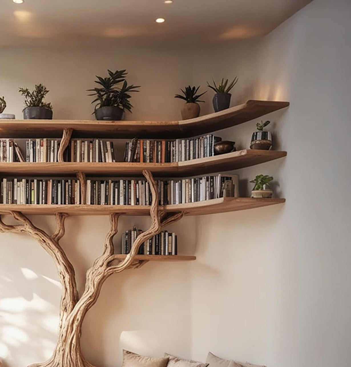 Tree Bookshelf with Built-In Bench – Live Edge Wood Wall Shelf for Reading Nook
