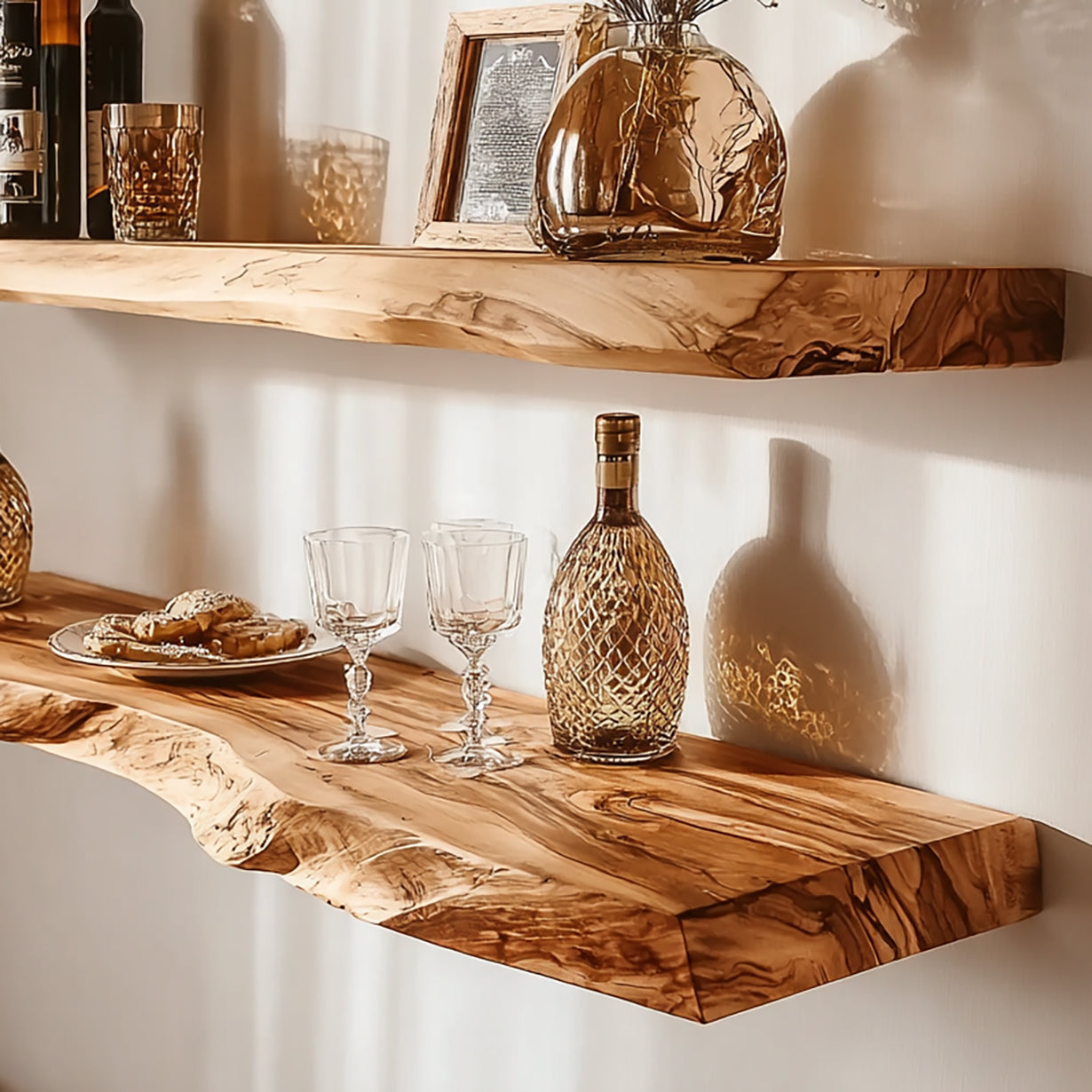 Handcrafted Live Edge Floating Bar Shelf – Rustic Solid Wood Wall Shelf