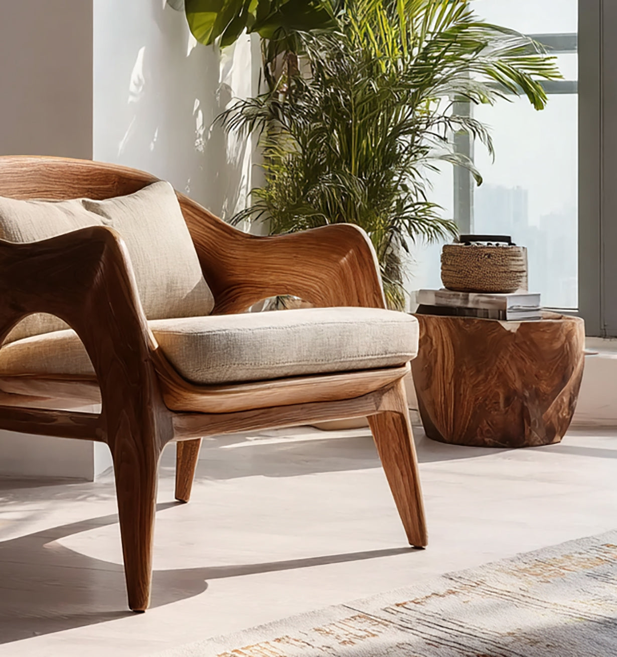 Handcrafted Solid Wood Lounge Chair – Modern Organic Sculpted Armchair