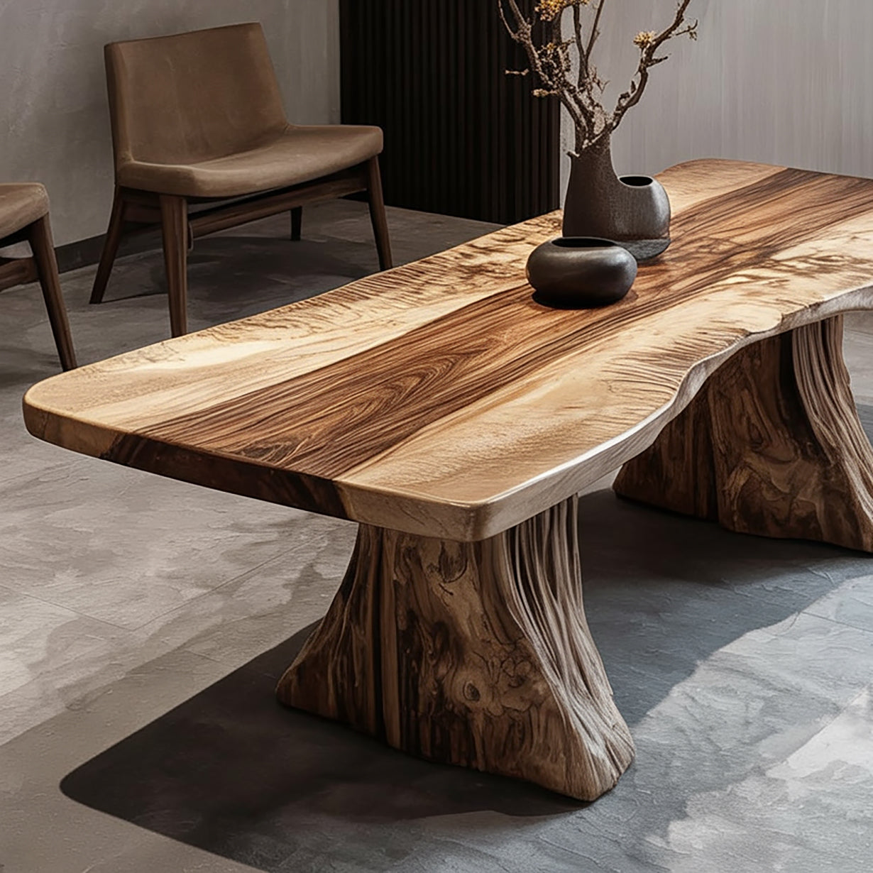 Live Edge Solid Wood Coffee Table with Natural Tree Trunk Base – Organic Modern Table