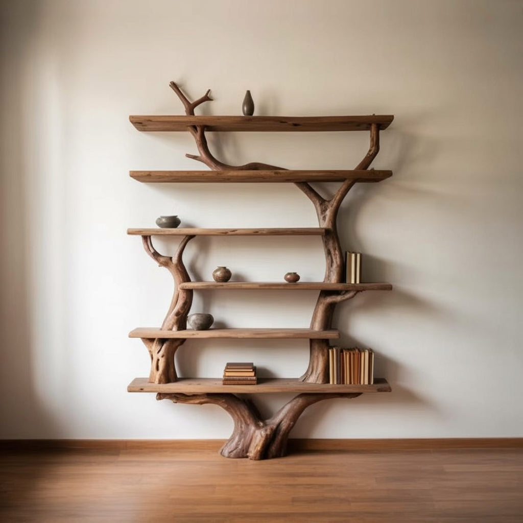 Bibliothèque Branche d’Arbre en Bois Massif – Étagère Murale & Sol