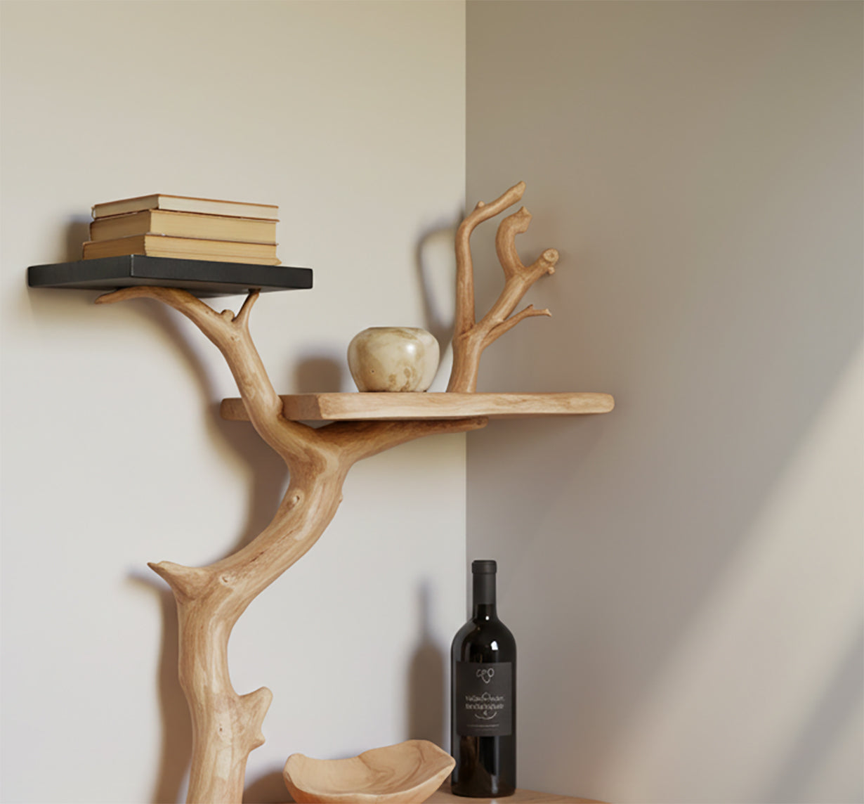 Bibliothèque d’Angle Branche d’Arbre Flottante – Bois Flotté