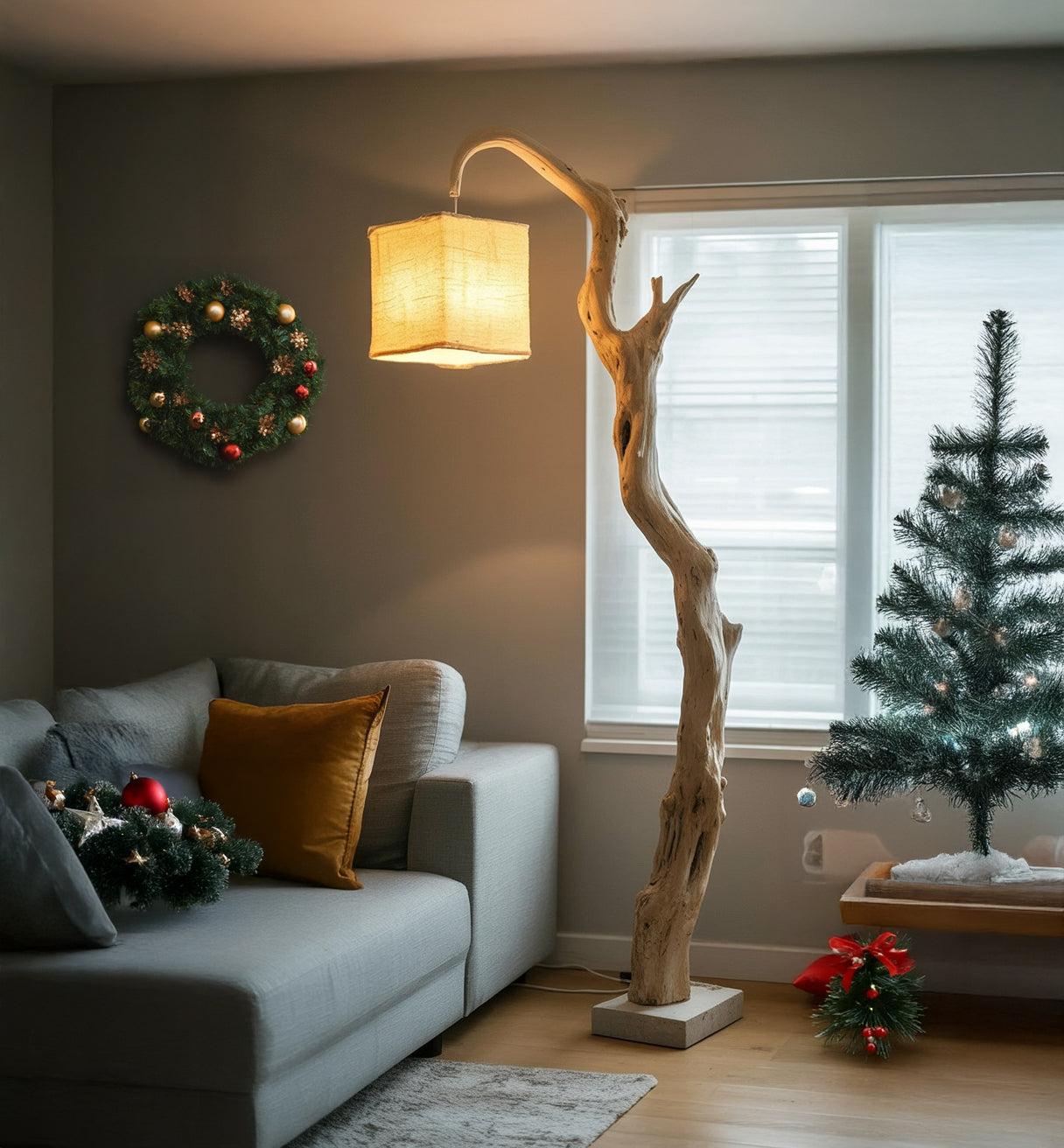 Natural Driftwood Floor Lamp with Fabric Shade – Rustic Wooden Standing Light for Living Room Decor