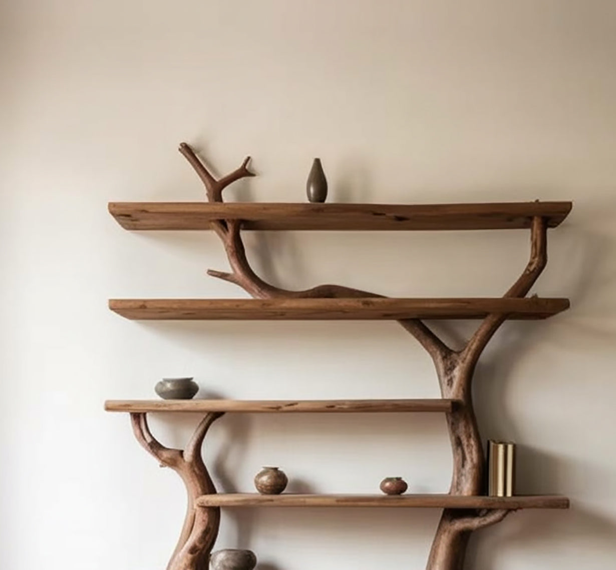 Bibliothèque Branche d’Arbre en Bois Massif – Étagère Murale & Sol