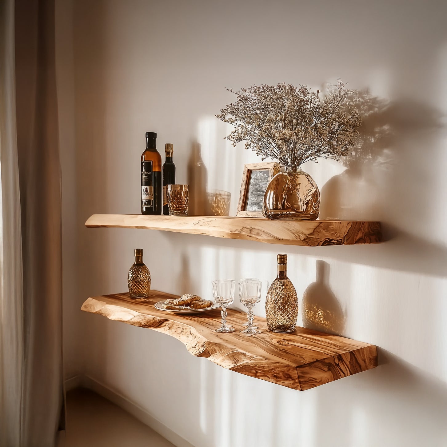 Handcrafted Live Edge Floating Bar Shelf – Rustic Solid Wood Wall Shelf